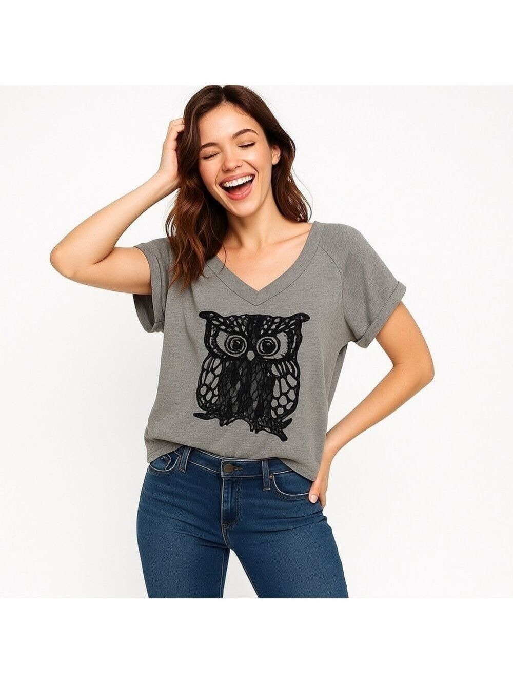 ROMEO & JULIET COUTURE Gray Short Sleeve Sweatshirt w/ Lace Owl Print Size S